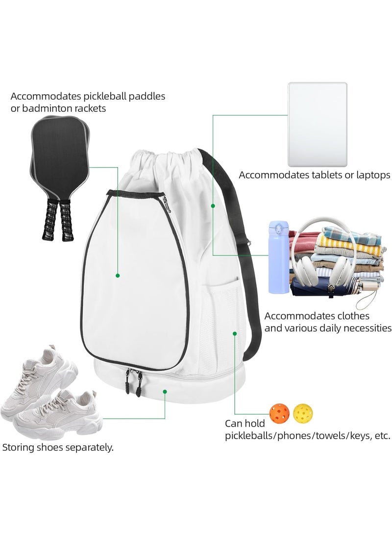 Arabest Pickleball Bags for Women Men, Pickleball Backpack with Shoe Compartment, Large Capacity Drawstring Pickle Ball Bag (White) - Image 4